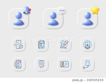Identification card, Project edit and Wall lamp line icons. Placeholder with 3d star, reminder bell, chat. Pack of Flight mode, Augmented reality, Phone message icon. Vector 108505039