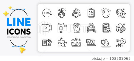 Video camera, Vitamin e and Sleep line icons set for app include Uv protection, Bicycle, Usa close borders outline thin icon. Chemical formula, Bus travel, Stress pictogram icon. Vector 108505063