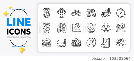 Sports arena, Dumbbells and Victory line icons set for app include Best rank, Best friend, Yoga balance outline thin icon. Timer, Fishing place, Cardio training pictogram icon. Vector 108505064