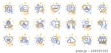 Outline set of Love music, Update relationships and Care line icons for web app. Include Hearts, Like button, Love gift pictogram icons. Friends chat, Friends couple, Friendship signs. Vector 108505105