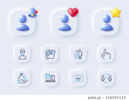 Employee, Cursor and Medical mask line icons. Placeholder with 3d bell, star, heart. Pack of Delegate question, Friends chat, Wash hands icon. Cyber attack, Buying house pictogram. Vector 108505110