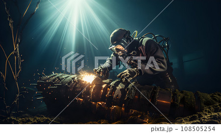 Underwater view of diver fixing 108505254