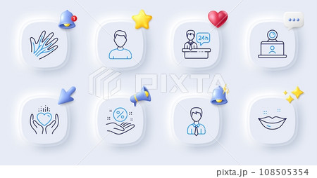 Headshot, Veins and Lips line icons. Buttons with 3d bell, chat speech, cursor. Pack of Loan percent, Reception desk, Businessman icon. Video conference, Hold heart pictogram. Vector 108505354
