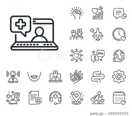 Online medical help sign. Online doctor, patient and medicine outline icons. Medicine laptop line icon. Medical help line sign. Veins, nerves and cosmetic procedure icon. Intestine. Vector 108505355