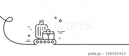 Baggage belt line icon. Continuous one line with curl. Travel bag claim sign. Handbag luggage symbol. Baggage belt single outline ribbon. Loop curve pattern. Vector Baggage belt line icon. Continuous one line with curl. Travel bag claim sign. Handbag luggage symbol. Baggage belt single outline ribbon. Loop curve pattern. Vector 108505423