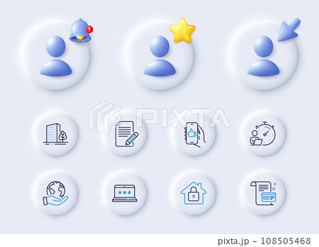 Save planet, Timer and Lock line icons. Placeholder with 3d cursor, bell, star. Pack of Payment card, Article, Like app icon. Buildings, Laptop password pictogram. For web app, printing. Vector 108505468