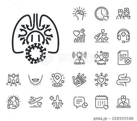 Pneumonia disease sign. Online doctor, patient and medicine outline icons. Lungs with coronavirus line icon. Respiratory distress symbol. Coronavirus lungs line sign. Vector 108505586