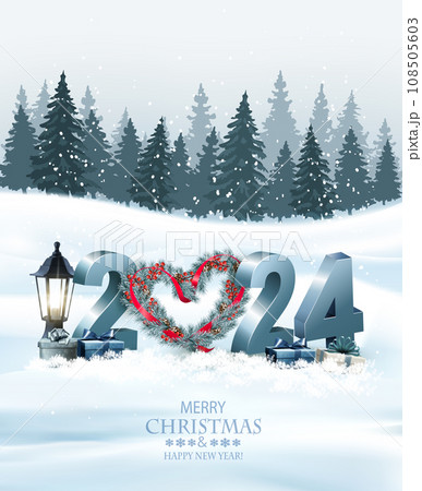 Merry Christmas and Happy New Year Holiday background with gift boxes, Christmas wreath and blue glitter 2024 numbers. Vector. 108505603