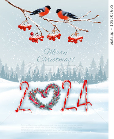 Holiday Christmas background and Happy New Year with red bullfinches on branch of a christmas tree and 2024 numbers. Vector 108505605
