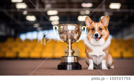 Triumph and honor unite as a dog is presented with a golden winner's cup. 108505708