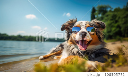 Amidst the sunny season, an Australian Shepherd's portrait radiates with the warmth of summer. Amidst the sunny season, an Australian Shepherd's portrait radiates with the warmth of summer. 108505772