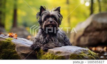 An Affenpinscher embraces the beauty of the fall woods, surrounded by autumn leaves. 108505827