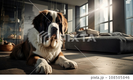 Cute pup indoors, looking content. 108505846
