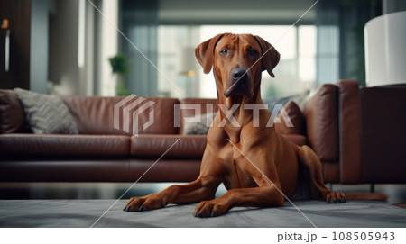 Living room elegance combines with pet well-being as a tidy dog joins in. Living room elegance combines with pet well-being as a tidy dog joins in. 108505943