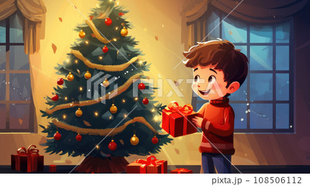 Festive illustration: A young boy's elation while opening a Christmas gift under the beautifully adorned tree 108506112