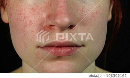 Close-up of rosacea-affected skin, a portrayal of a common skin condition with visible redness and inflammation 108506165