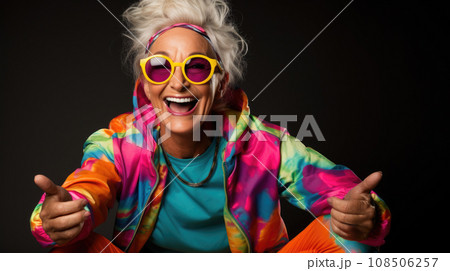 A woman rocking the 90s style with attitude, from neon to grunge, capturing the essence of a bygone era 108506257