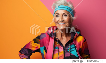 A woman embraces the 90s look with bold fashion choices and a confident demeanor 108506260