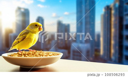 Bright canary perches in the apartment Bright canary perches in the apartment 108506293