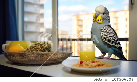 Budgerigar's vibrant presence adds a touch of nature to this modern apartment Budgerigar's vibrant presence adds a touch of nature to this modern apartment 108506303