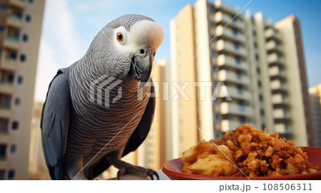 Feathered friend in an apartment setting, the African gray parrot brightens everyday life 108506311