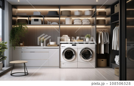 Laundry room with gray cabinets. Laundry room with gray cabinets. 108506328