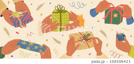 People hands holding or giving Christmas gifts box festive packaging 108506421
