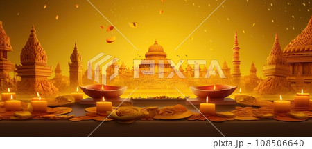 Diwali, Festival of Lights, yellow background. Web banner design with candles and woman 108506640