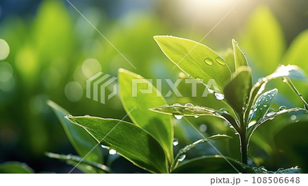 Green leaf of young plant close-up in sunlight in morning. Green leaf of young plant close-up in sunlight in morning. 108506648