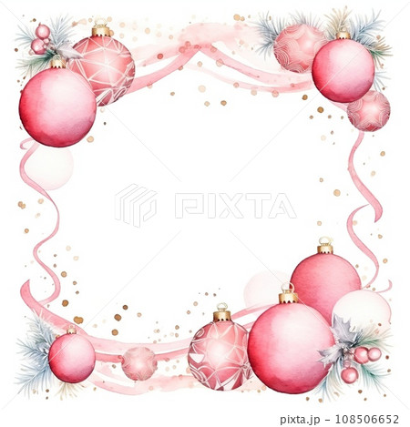 Christmas border with pink balls on white background. Watercolor Christmas and New Year background Christmas border with pink balls on white background. Watercolor Christmas and New Year background 108506652