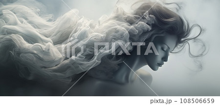 Fresh air flow with woman face, cold white wind effect, blowing mist, smoke or winter blizzard trail 108506659