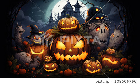 Illustrated Halloween backdrop, a ghostly scene for spooky celebrations Illustrated Halloween backdrop, a ghostly scene for spooky celebrations 108506796