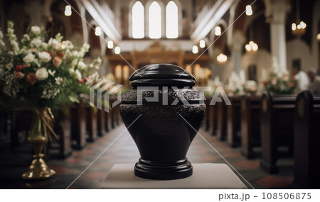 Black urn holding ashes, a somber symbol of a funeral and remembrance. Black urn holding ashes, a somber symbol of a funeral and remembrance. 108506875