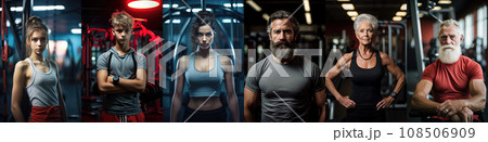 Banner for website, portraits of people in gym, man, women, teenagers. Banner for website, portraits of people in gym, man, women, teenagers. 108506909