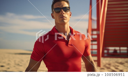 Attractive beach lifeguard in a red swimsuit, radiating charm and vigilance. 108506951