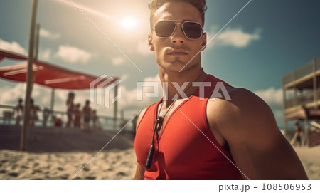 Sizzling lifeguard poses on the shore, epitomizing beachside allure. 108506953