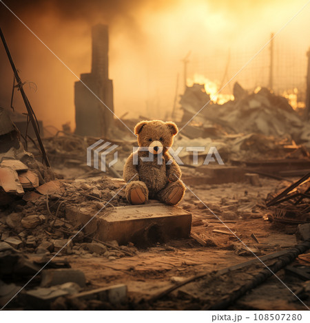 War children tragedy concept - sad teddy bear left in ruins of house destroyed at war 108507280