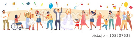 Happy dancing characters celebrating wedding vector illustration 108507632