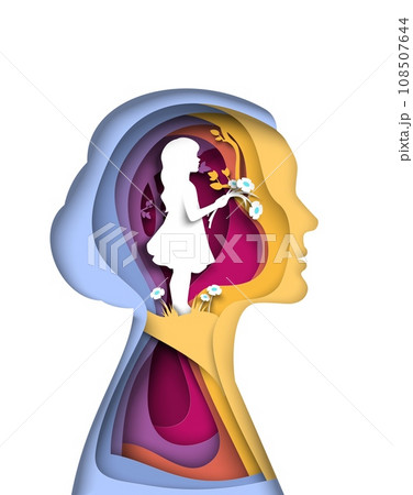 Little girl inside head of woman papercut vector illustration 108507644