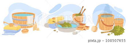 Sauna or banya tools and equipment composition set Sauna or banya tools and equipment composition set 108507655