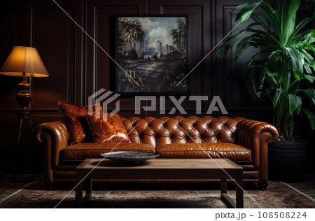 brown leather couch with empty frame in vintage interior 108508224