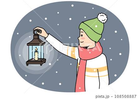 Little boy with lantern walking in darkness 108508887