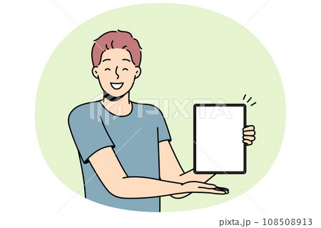 Smiling man show mockup screen on tablet 108508913
