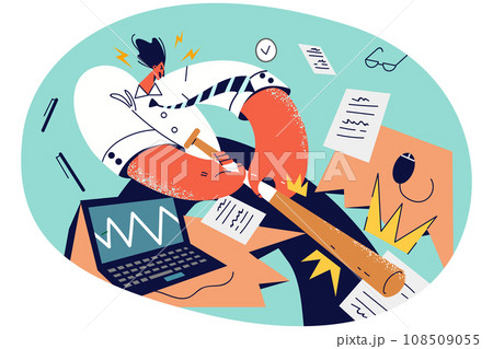 Furious businessman crash office desk Furious businessman crash office desk 108509055