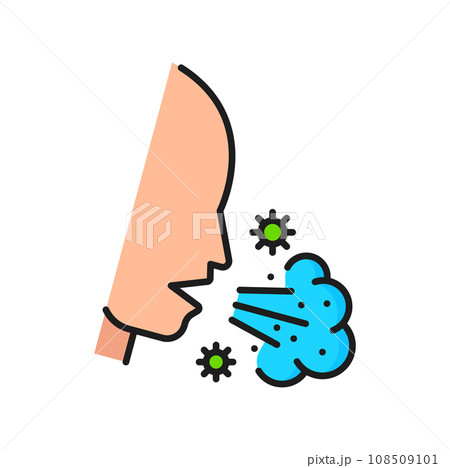 Allergy, virus and respiratory disease color line icon. Asthma, fever, rhinitis allergic symptoms. Breathing or respiratory disease, influenza symptom vector icon with coughing man and virus cells Allergy, virus and respiratory disease color line icon. Asthma, fever, rhinitis allergic symptoms. Breathing or respiratory disease, influenza symptom vector icon with coughing man and virus cells 108509101