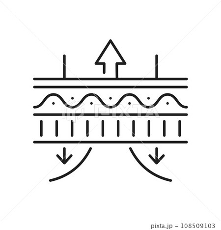 Breathable fabric material icon, layered fiber stacks filters and arrows outline icon. Vector absorption surface, water repellent textile, waterproof level Breathable fabric material icon, layered fiber stacks filters and arrows outline icon. Vector absorption surface, water repellent textile, waterproof level 108509103