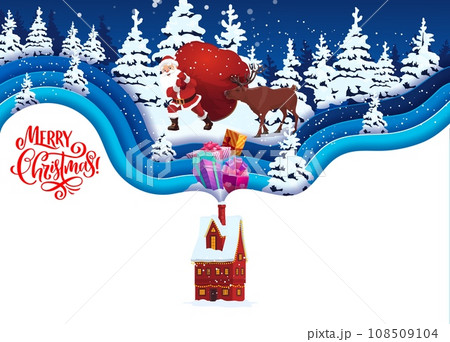 Christmas paper cut waves with winter forest landscape and Santa with gifts bag. Winter holiday, Christmas 3d banner or Xmas paper cut vector wallpaper with Santa Claus, reindeer cartoon character Christmas paper cut waves with winter forest landscape and Santa with gifts bag. Winter holiday, Christmas 3d banner or Xmas paper cut vector wallpaper with Santa Claus, reindeer cartoon character 108509104