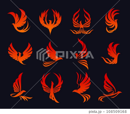 Phoenix bird symbol or emblem. Infinity and freedom magic animal symbol, creativity concept or business company vector sign or emblem. Hot phoenix fantasy bird graphic red tattoo or icons set 108509168