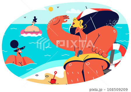 Lifeguard on tower on seashore Lifeguard on tower on seashore 108509209