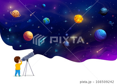 Boy kid looking through a telescope space planets at night, vector astronomy and education. Cartoon boy character observing galaxy planets, stars, meteors and asteroids on starry sky background 108509242